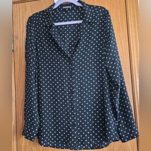 Express Black Button-Down Blouse with White Diamond Print